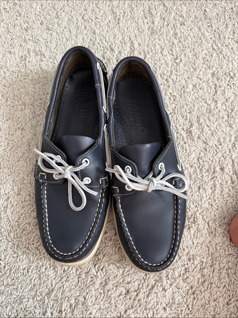 Sebago Navy Leather Boat Shoes with White Laces
